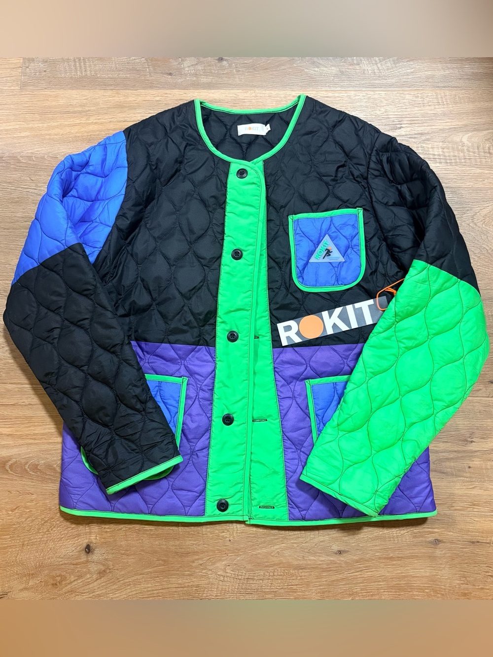 Rokit Quilted Colorblock Jacket in Black, Green & Purple size L